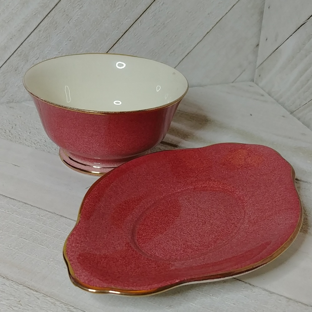 Vintage Royal Winton Bone China Tea Cup w Cookie Dish Speckled Dark Dusty Rose